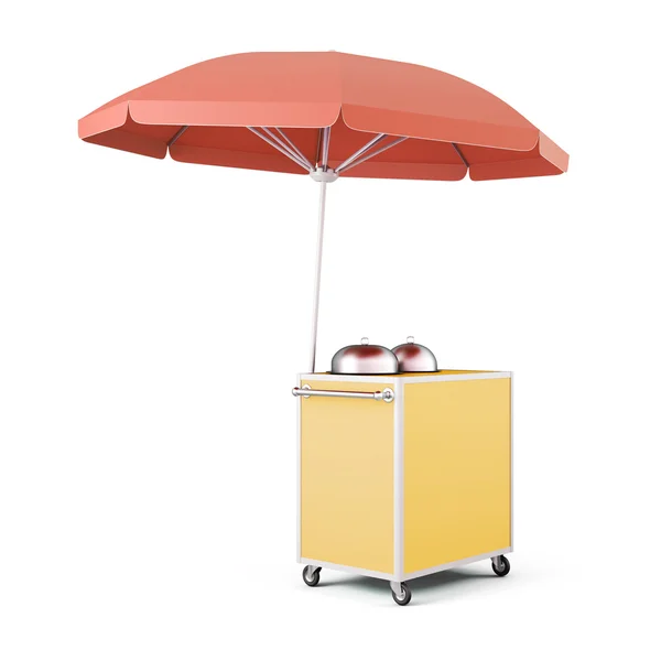 Fahrbarer Wagen mit Regenschirm zum Verkauf von Lebensmitteln. 3D-Darstellung — Stockfoto