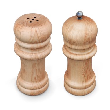 Ahşap karabiber değirmeni ve tuz shaker izole. 3D render