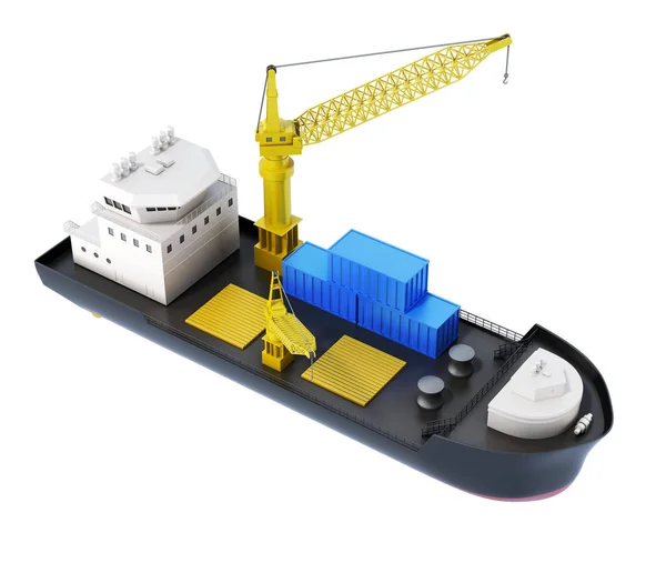 Schiffslader mit Kran isoliert. 3D-Darstellung — Stockfoto