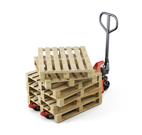 Carrello elevatore e un mazzo di pallet isolati. rendering 3d — Foto Stock