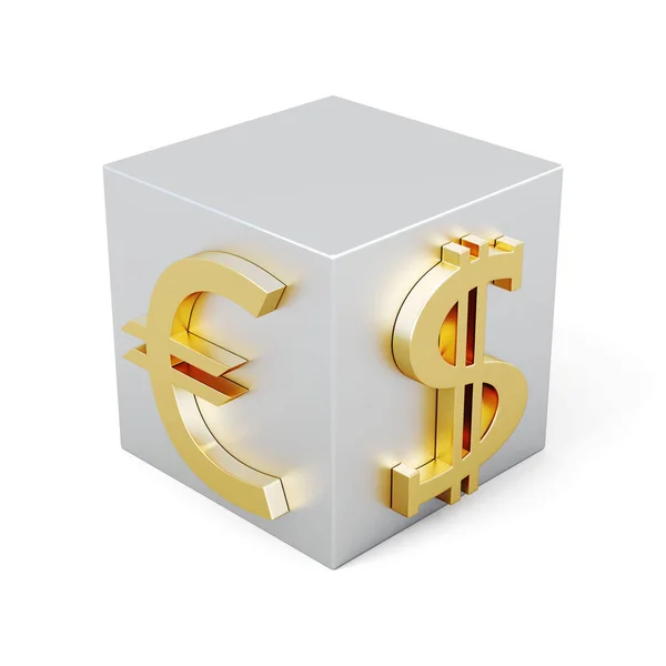 Cubo com a imagem do euro e do dólar. Renderização 3d — Fotografia de Stock