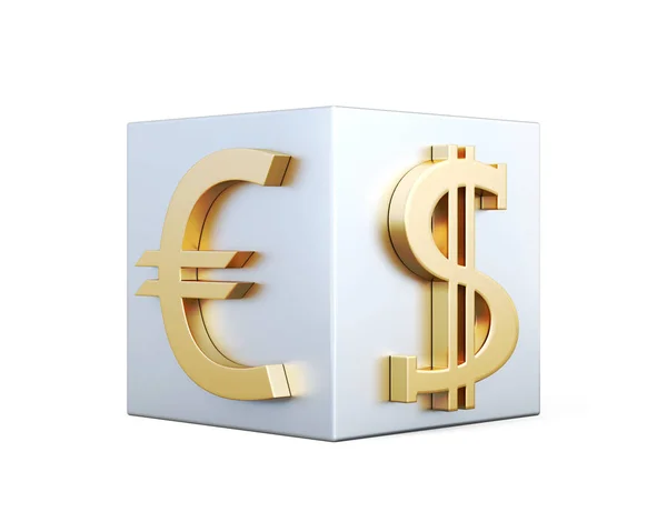 Symboles dorés de l'euro et du dollar sur le cube. Rendu 3d — Photo