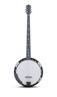 Beyaz bir arka plan üzerinde dikey olarak izole banjo. 3D render