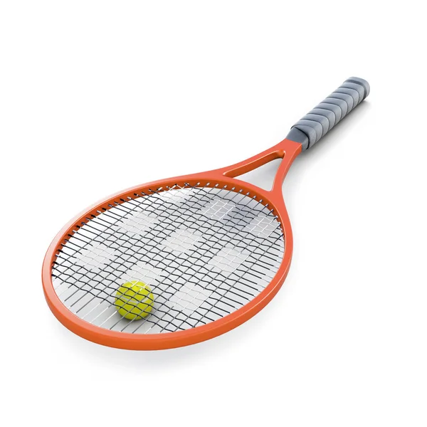 テニス ラケットとボールの白い背景に分離されました。3 d 描画されるか — ストック写真