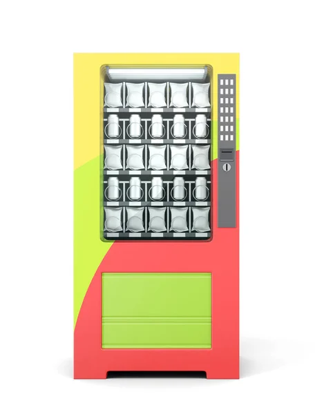 Máquina de venda automática com embalagens de lanches e bebidas. Renderização 3d — Fotografia de Stock