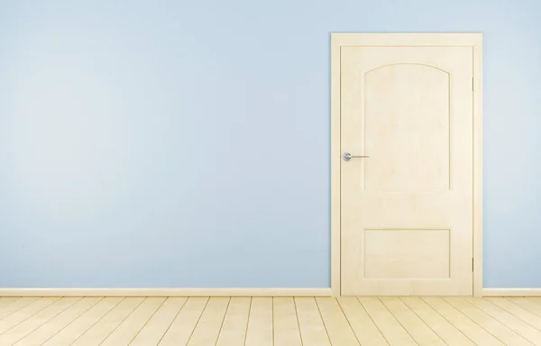 Drewniane drzwi na niebieskie ściany i drewniane podłogi. renderowania 3D Obrazy Stockowe bez tantiem