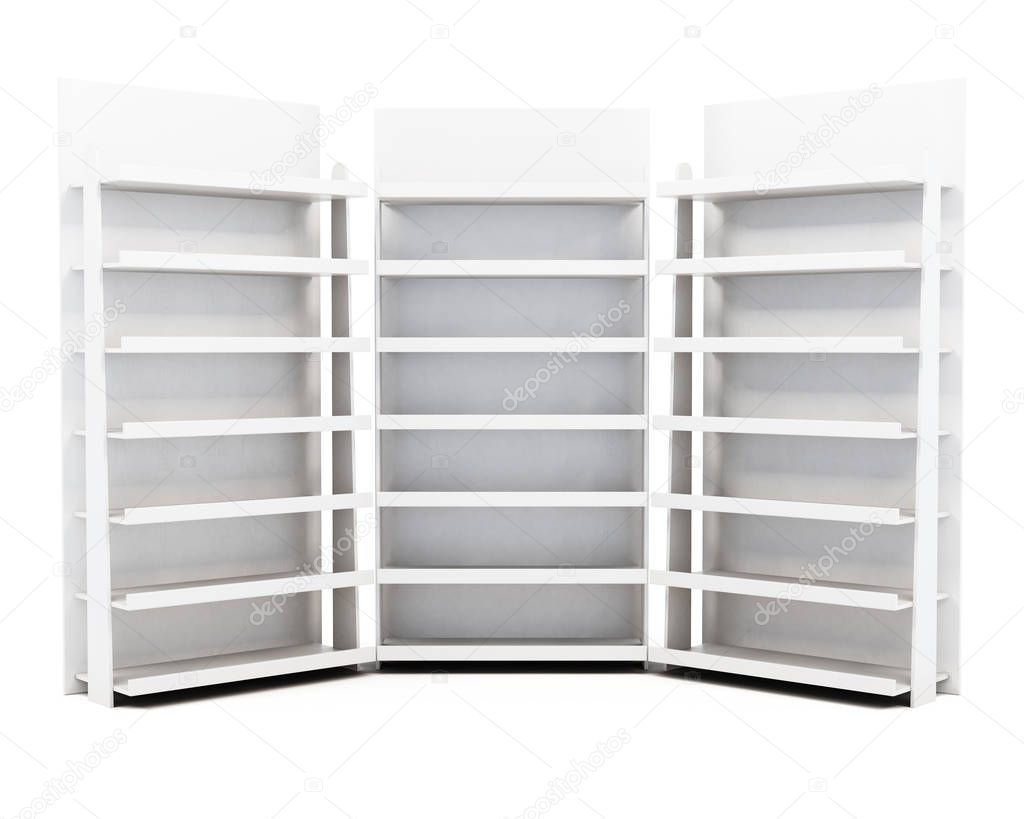 Racks with shelves isolated on white background. 3d rendering