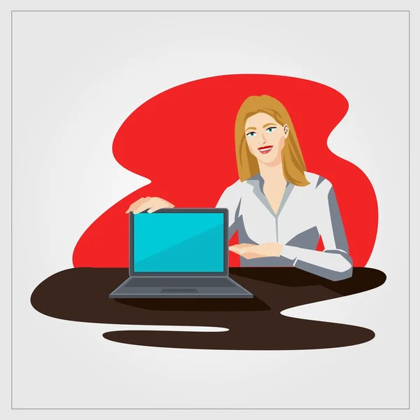 Επίπεδη διανυσματικά εικονογράφηση με γυναίκα δείχνει φορητό υπολογιστή στο γραφείο — Διανυσματικό Αρχείο