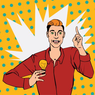 Pop art comic style illustration with man showing lamp clipart