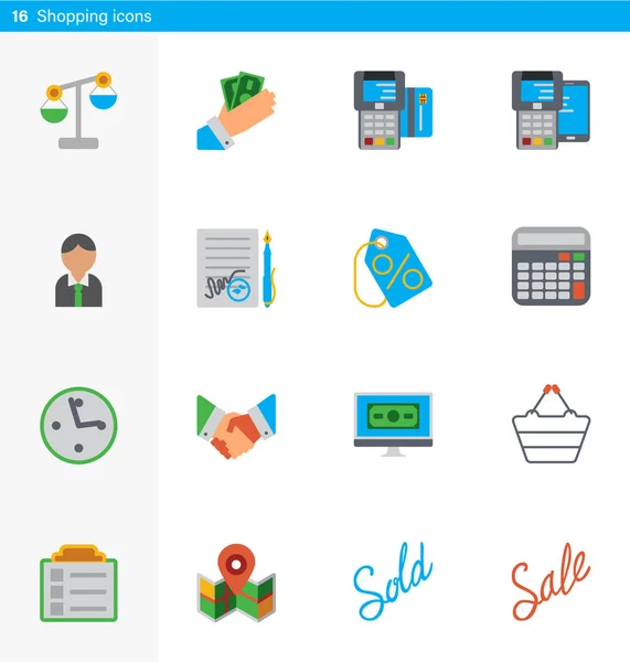 Set de 16 iconos planos vectoriales de compras en estilo material — Archivo Imágenes Vectoriales