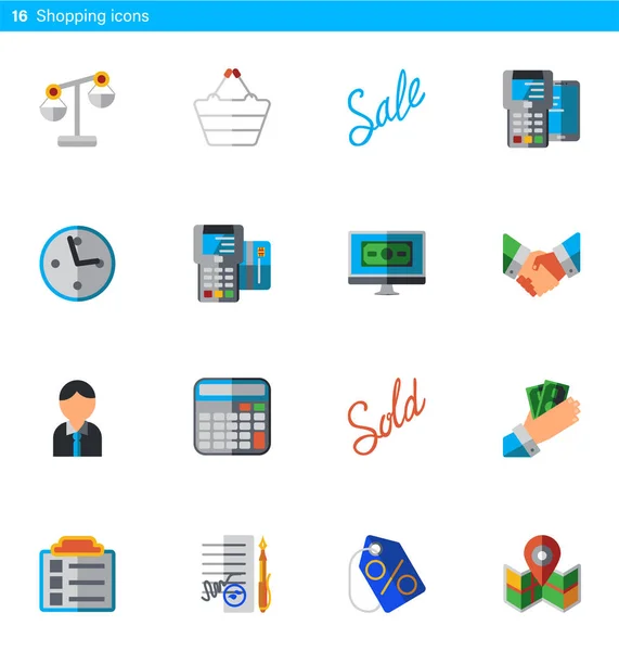 Set de 16 iconos planos vectoriales de compras en estilo material — Archivo Imágenes Vectoriales