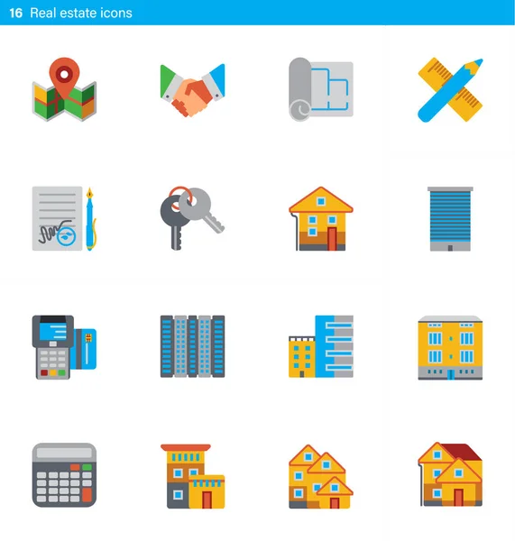 Conjunto de 16 iconos de vectores de bienes raíces en estilo material — Vector de stock