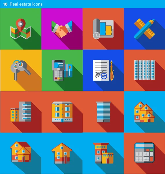 Set van 16 vastgoed vector plat pictogrammen in materiële stijl — Stockvector