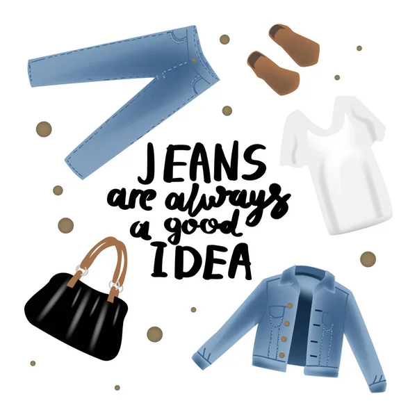 Vektorillustration realism med moderna jeans denim jacka och hand skriva kalligrafi. — Stock vektor