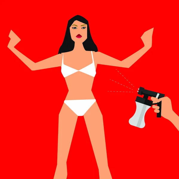 Ilustración vectorial con mujer de pie delante y mano con máquina de bronceado por pulverización — Vector de stock