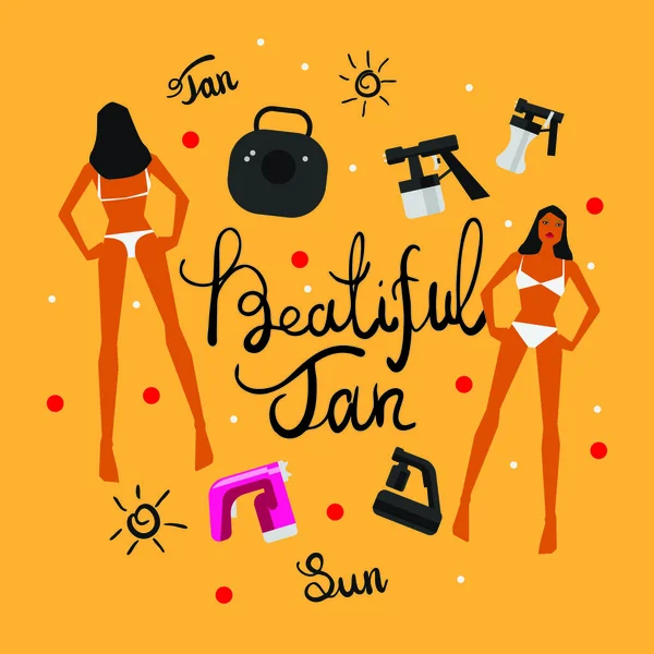 Vektör tan sprey makinesi ve calligrpahy metin ile bikini illüstrasyon kadın