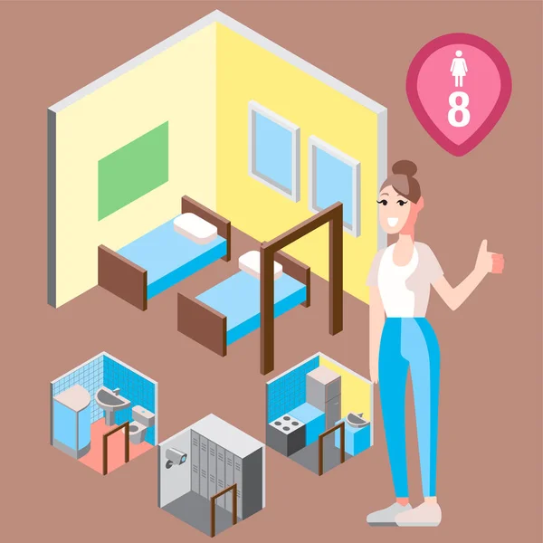 Isometrische hostel bed kamer met vrouw vectorillustratie — Stockvector