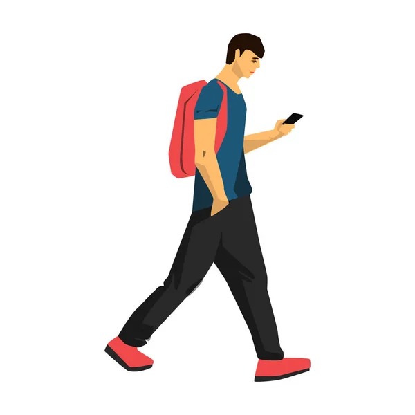 Hombre caminando con ilustración de vector de teléfono inteligente sobre fondo blanco — Vector de stock