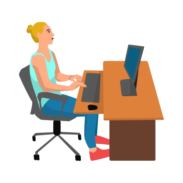 Wanita yang bekerja di laptop dengan gambar meja di latar belakang putih - Stok Vektor
