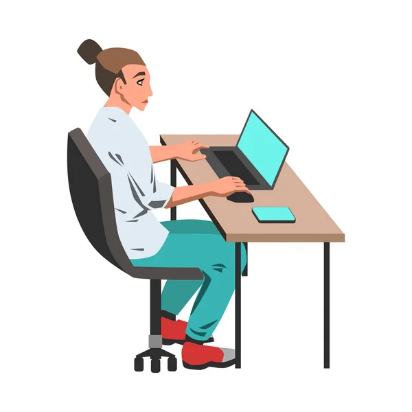 Mujer trabajando en su portátil junto a la ilustración de escritorio sobre fondo blanco — Vector de stock