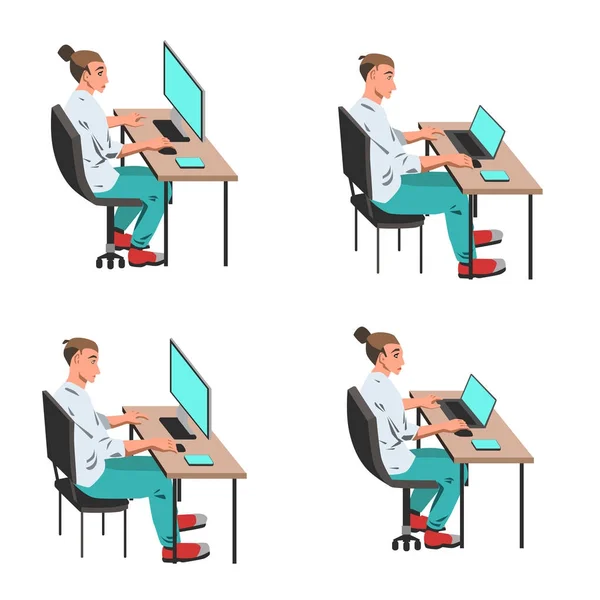 Conjunto de Homem e mulher trabalhando no computador pela ilustração mesa em fundo branco — Vetor de Stock