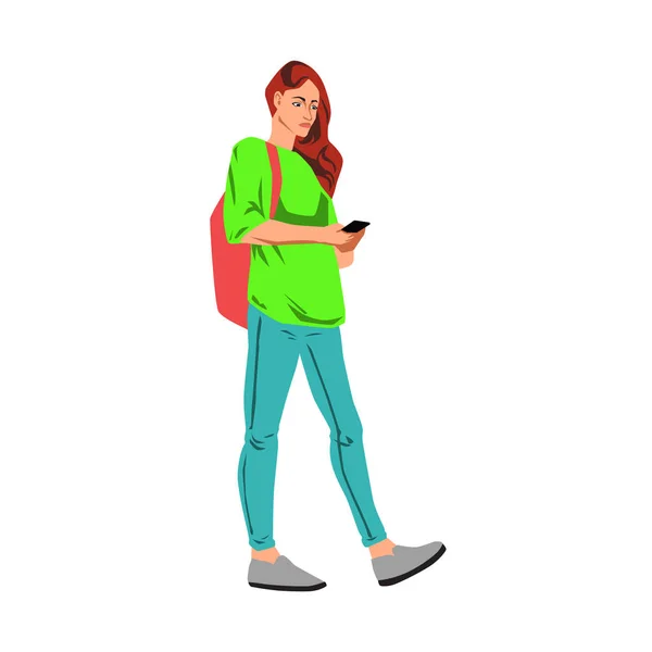 Молодая женщина ходит с векторной иллюстрацией на смартфоне — стоковый вектор