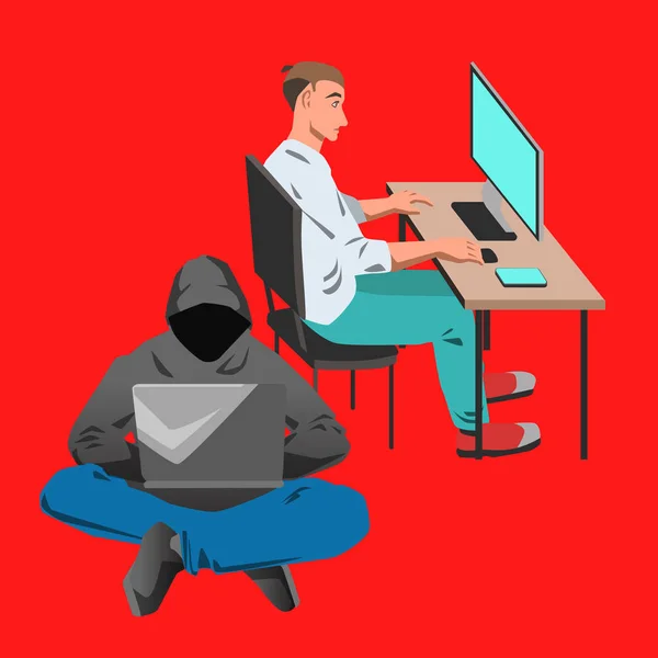 Man aan het werk op laptop door de illustratie van het Bureau — Stockvector