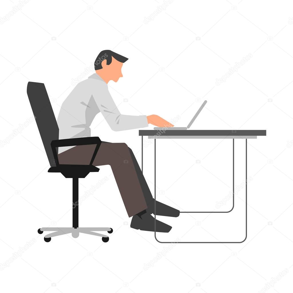 Man working on his laptop by the desk illustration on white background