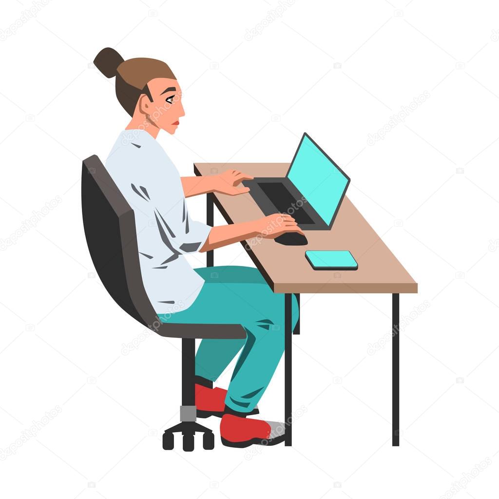 Woman working on her laptop by the desk illustration on white background