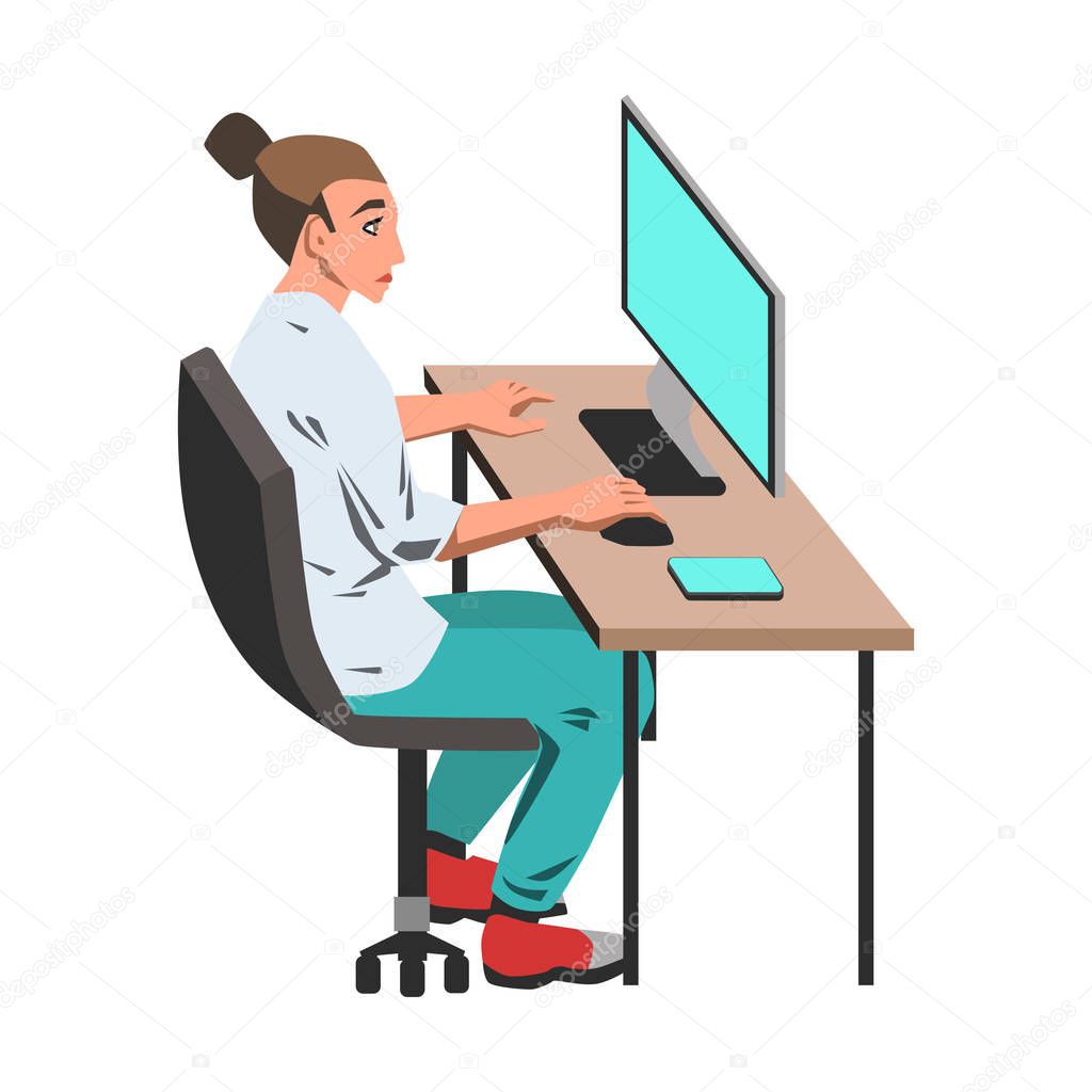 Woman working on her computer by the desk illustration on white background