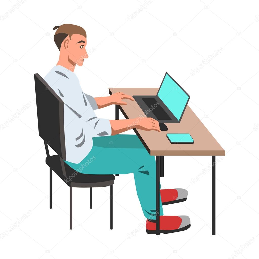 Man working on his laptop by the desk illustration on white background