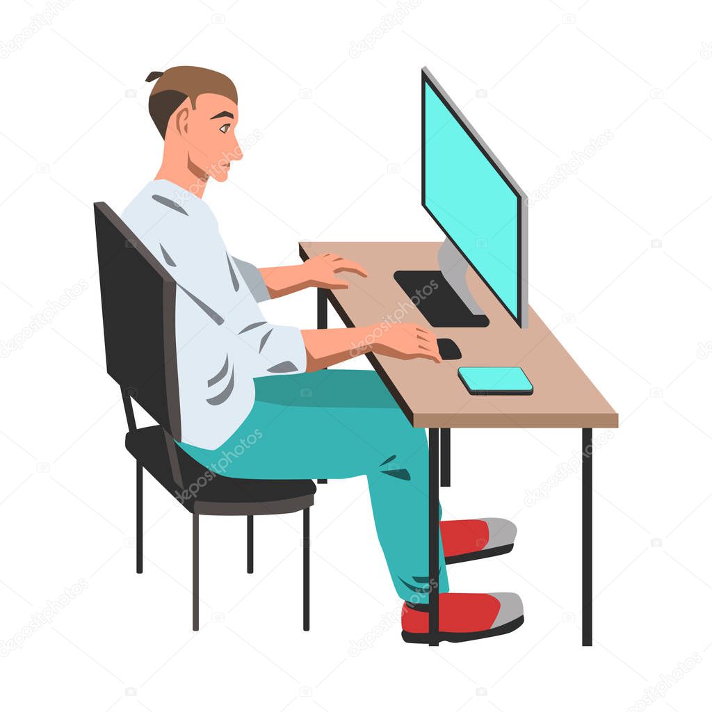 Man working on his computer by the desk illustration on white background