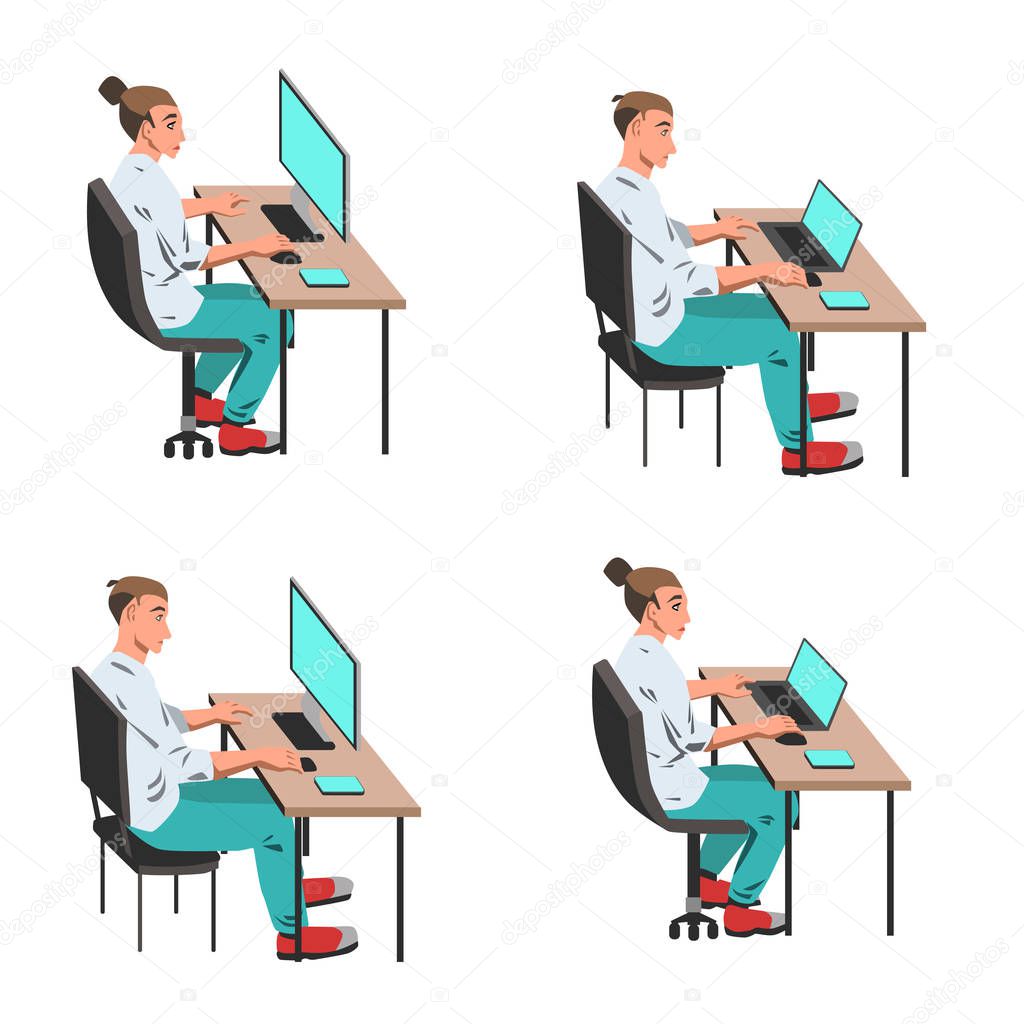 Set of Man and woman working on computer by the desk illustration on white background