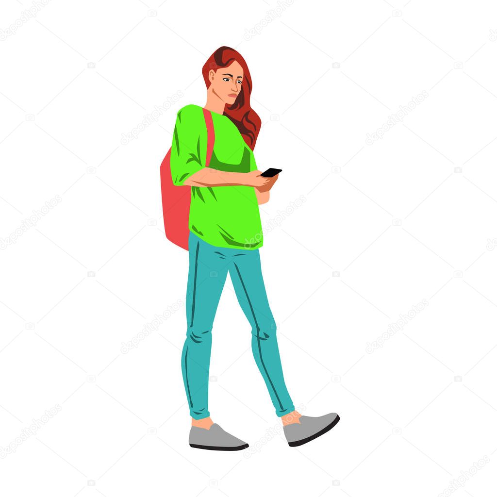 Young woman walking with smart phone vector illustration