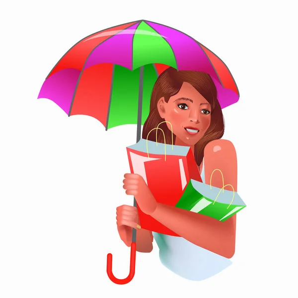 Realism style vector art with woman holding umbrella — Stock Vector