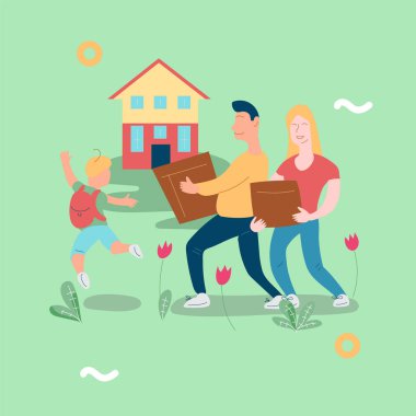 İllüstrasyon vektör yeni ev hareketli aile ile