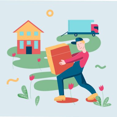 İllüstrasyon şablon vektör taşıyıcı işçi ile kargo ile yardımcı olur.