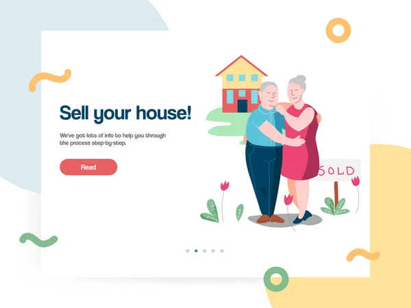 Vector de plantilla de diseño web con abrazos de pareja vieja y vender su casa — Archivo Imágenes Vectoriales
