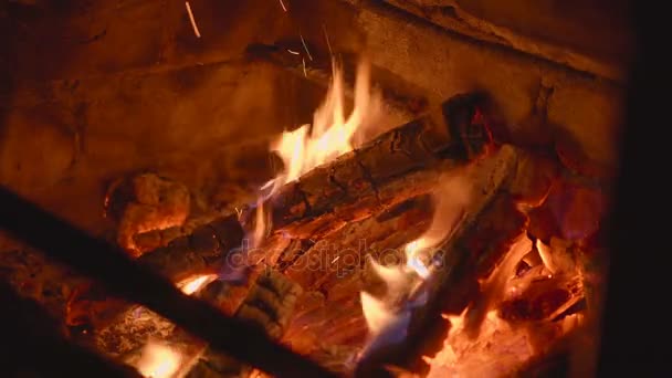Quente fogo ardente aconchegante em uma lareira de tijolo perto — Vídeo de Stock