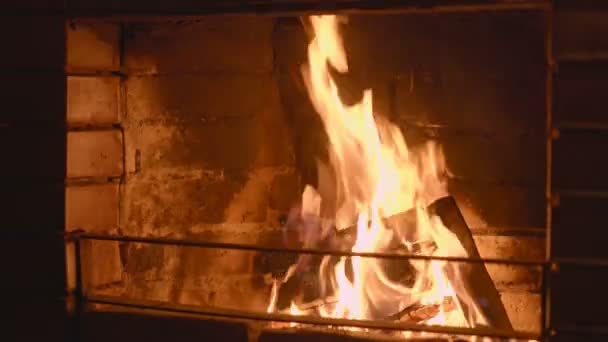 Warm cozy burning fire in a brick fireplace close up — Stock Video