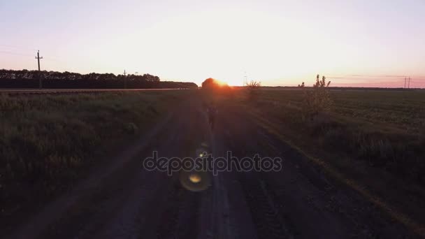 Luchtfoto. Lopende man van de atleet. op de weg buiten in groene veld. — Stockvideo