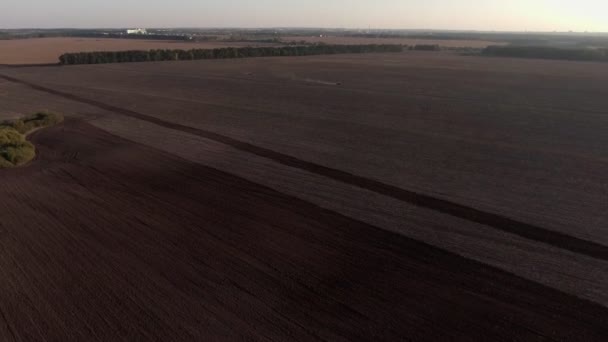 Vista aérea sobrevoando o topo de uma colheitadeira e trator em um campo — Vídeo de Stock
