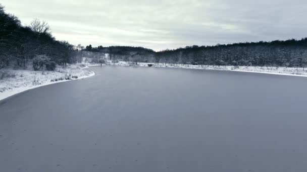 Flyg över skogen snö och den frusna sjön i den första snön — Stockvideo