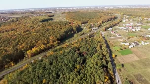 Vista aérea. Volando sobre la carretera, el campo y los hermosos árboles de otoño . — Vídeo de stock