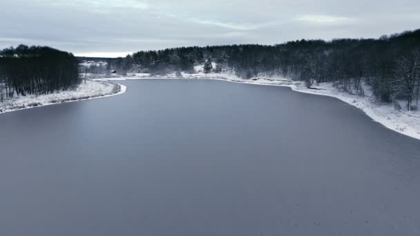 Flyg över skogen snö och den frusna sjön i den första snön — Stockvideo