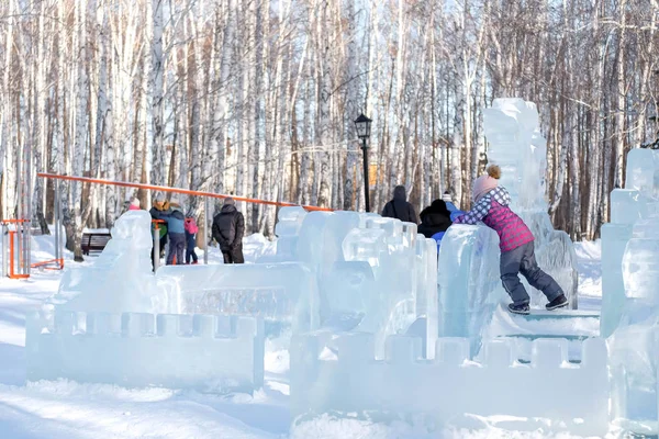 Ice town in winter. Games and walks in the winter. Ice building for children. Winter fun in Russia