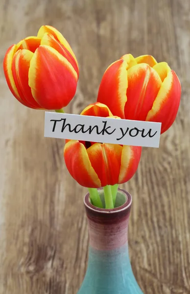 Thank you card with red and yellow tulips — Stock Photo, Image