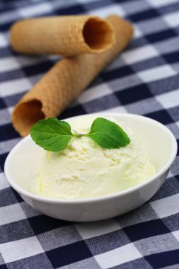 Vanilyalı dondurma ile organik nane ve gofret kareli kumaş üzerine süslenmiş