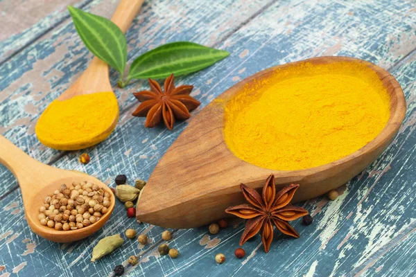 Tumeric powder, star anise, cardamon and coriander seeds — Stock Photo, Image