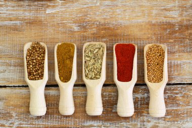 Ahşap yüzey üzerinde tahta kaşık toz üzerinde Hint baharat